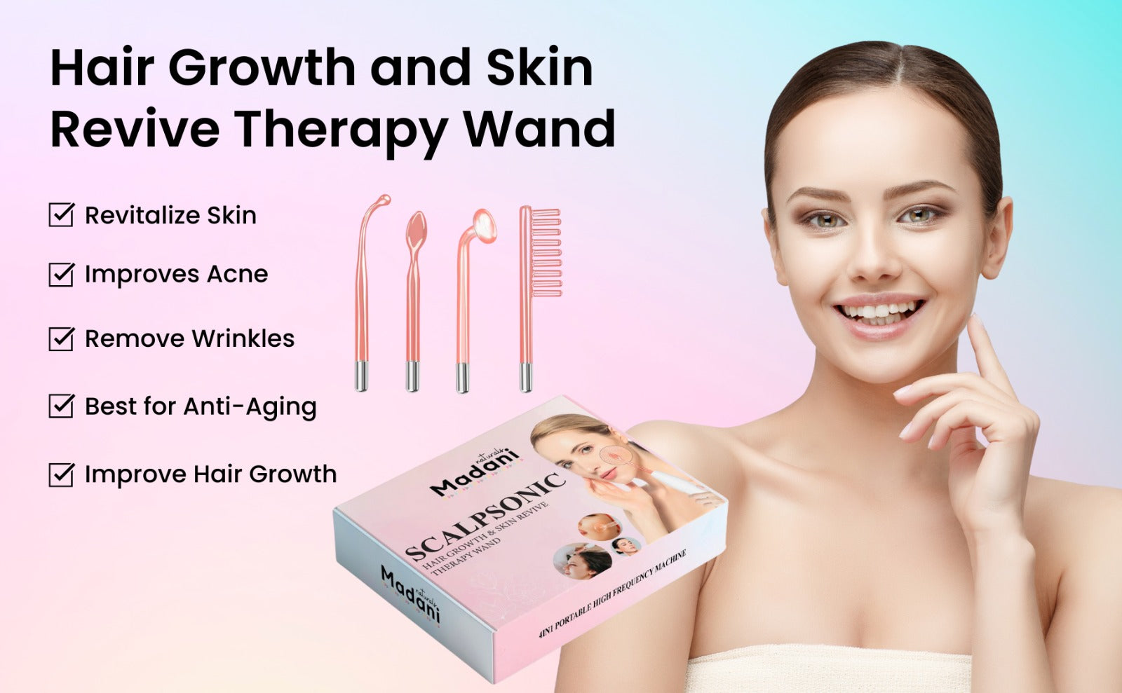 Madani Hair Growth & Skin Revive High Frequency Wand, Portable Handheld machine with 4 interchangeable tubes