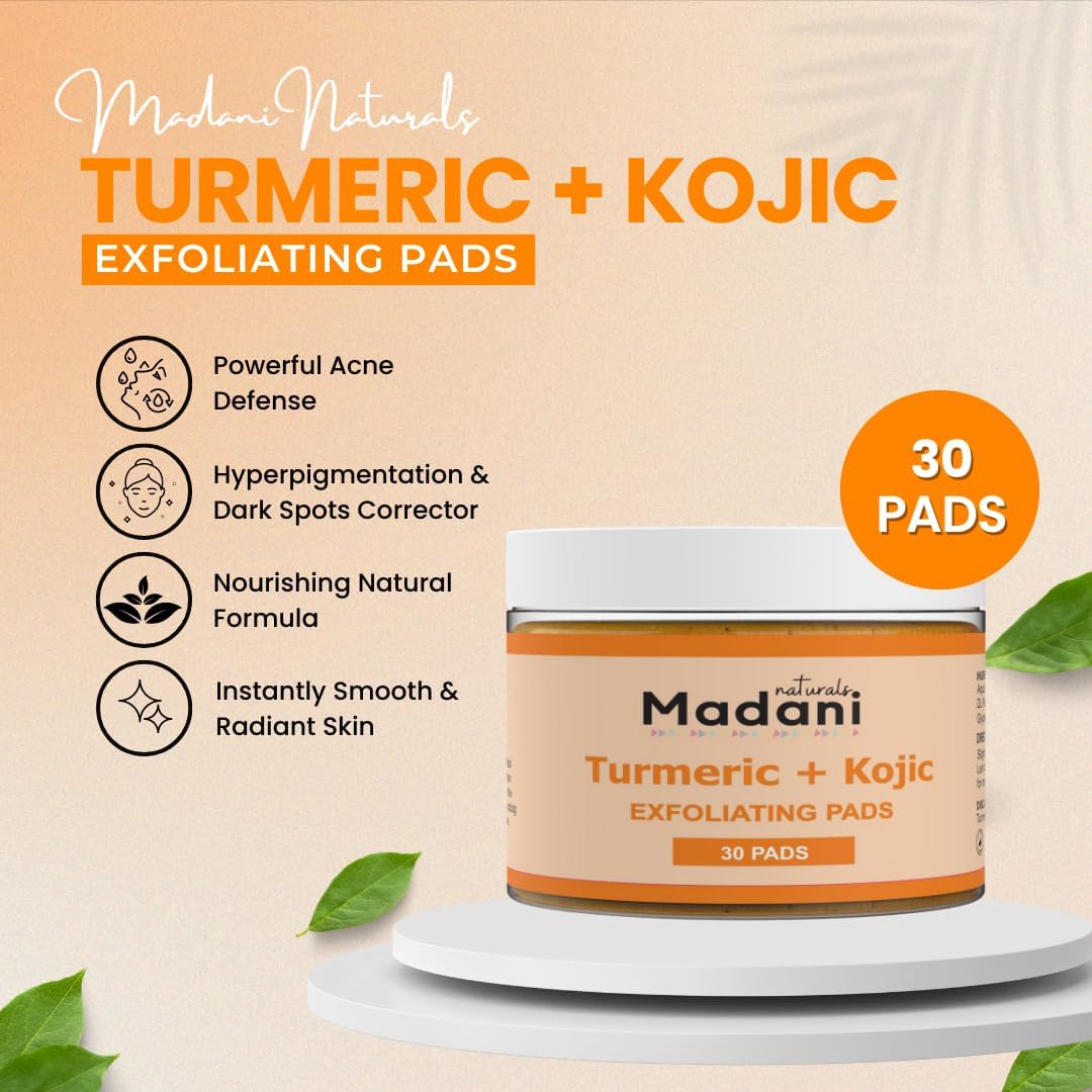 Turmeric + Kojic Acid Exfoliating Pads for Hyperpigmentation, Dark Spots, Acne, Brightening Under Arms,Bikini Area, Inner Thighs, Ingrown Hairs