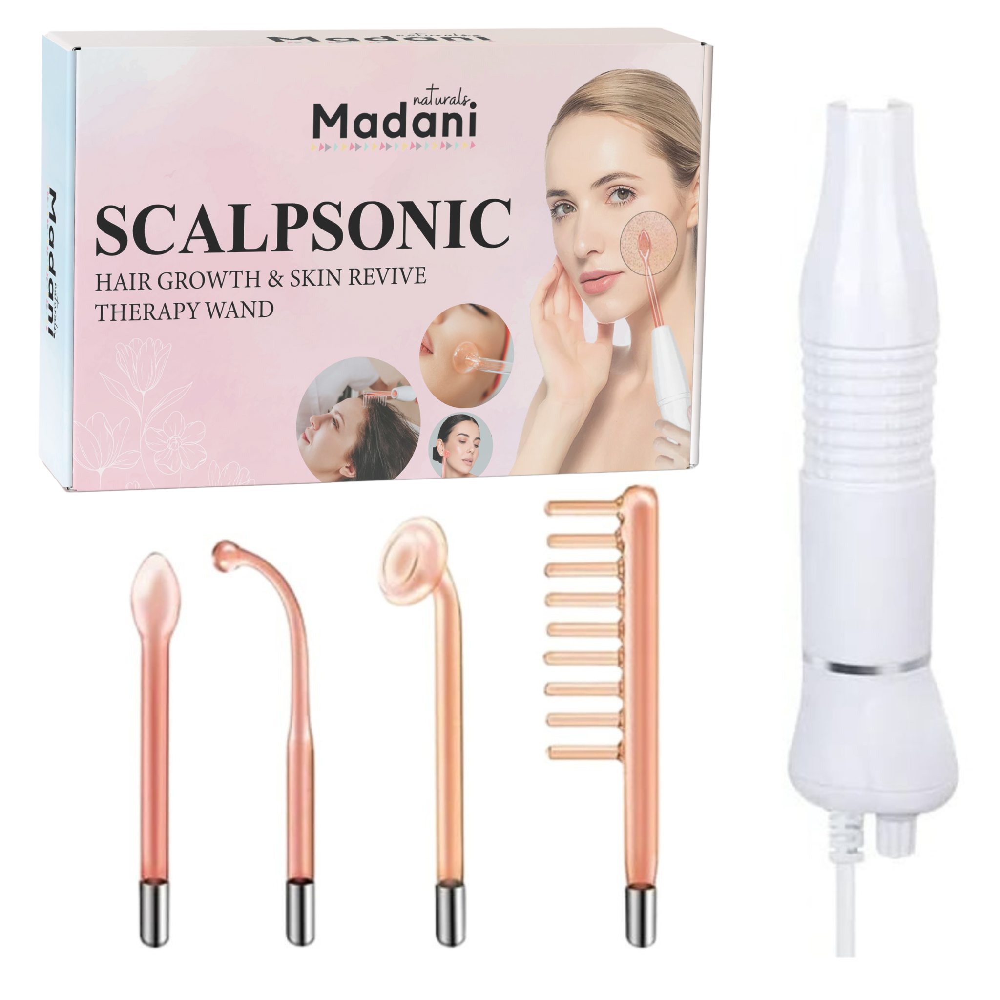 Madani Hair Growth & Skin Revive High Frequency Wand, Portable Handheld machine with 4 interchangeable tubes